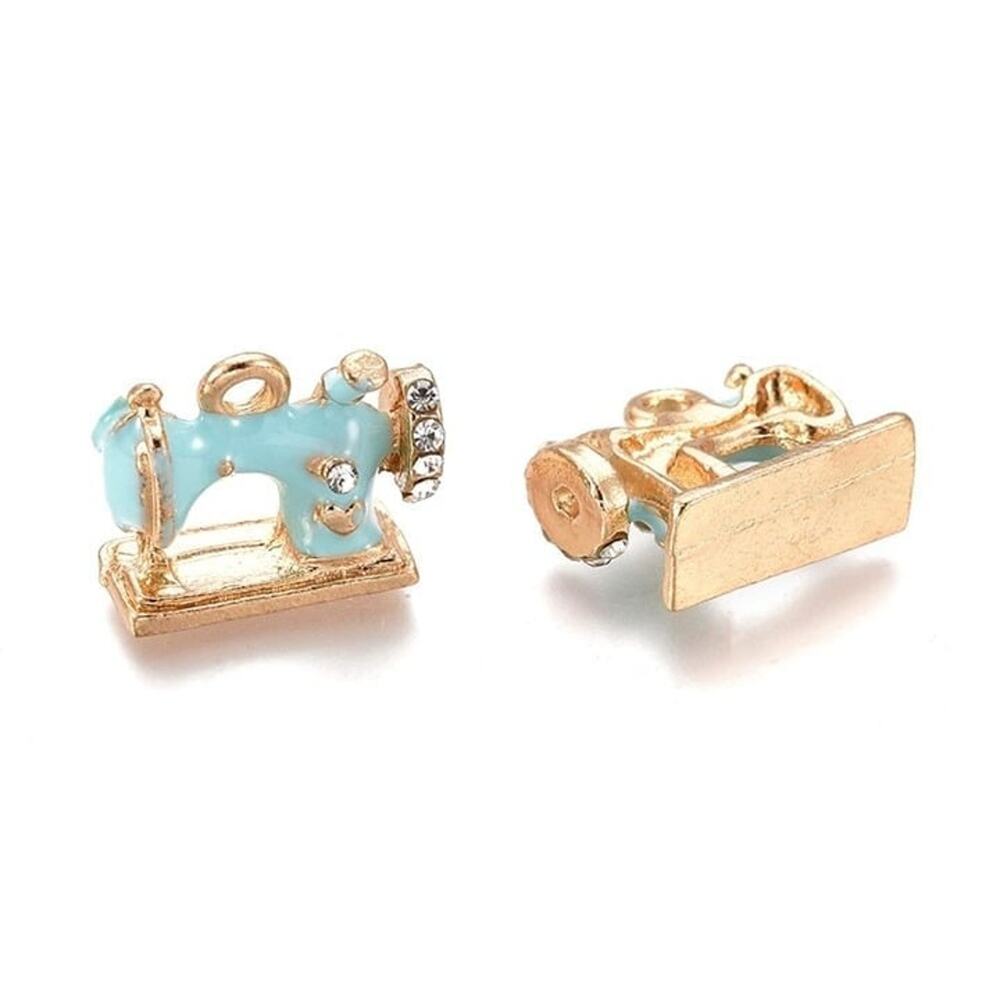 10 pcs! Alloy Enamel Pearl BLUE Small Sewing Machine Charm w/ Crystal Rhinestone - Picture 1 of 1